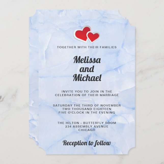 Invitation 2 Coeurs en papier rouge sur Mariage en marbre ble (Devant / Derrière)