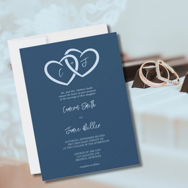 Invitation 2 Coeurs entrelacés avec initiales Indigo Mariage (2 Hearts Intertwined with Initials Indigo Wedding Invitation)