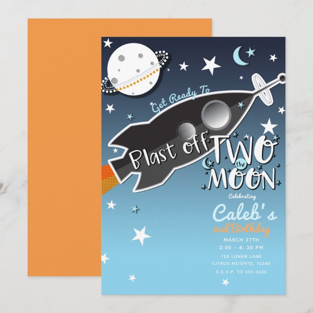 Invitation 2 Deux Fusée Spatiale Vers La Lune Fête d'annivers (Devant / Derrière)