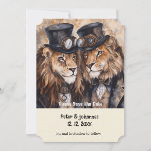 Invitation 2 lions mâles steampunk Économisez la date