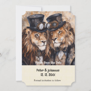 Invitation 2 lions mâles steampunk Sauvez la date