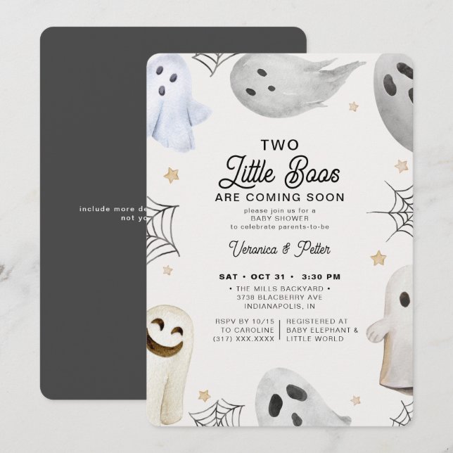Invitation 2 Little Boos Neutral Twins Halloween Baby shower (Devant / Derrière)