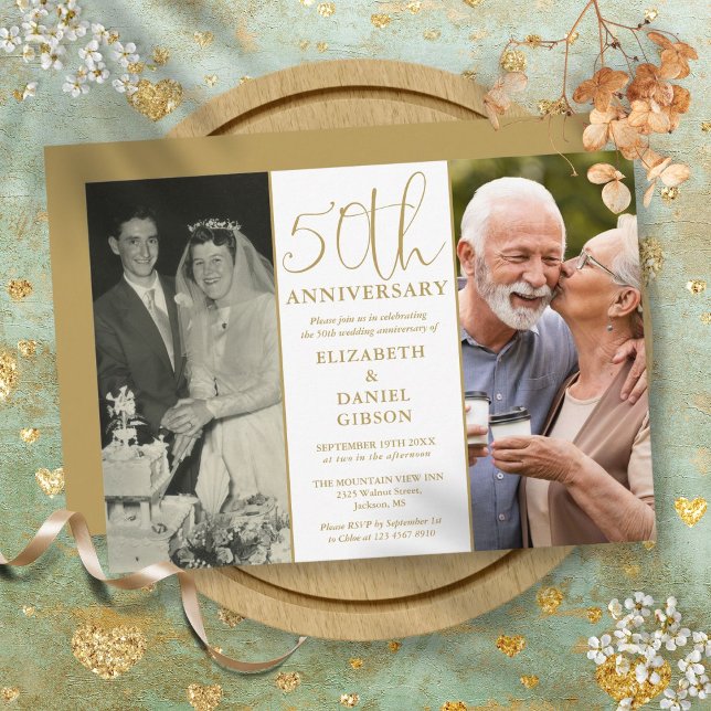 Invitation 2 Photo Alors Et Maintenant 50e Anniversaire Du Ma (2 Photo Then And Now 50th Wedding Anniversary Invitation)