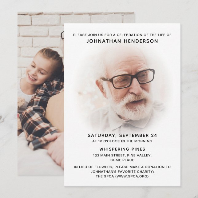 Invitation 2-Photo Célébration de la vie / Funérailles / Mémo (Devant / Derrière)