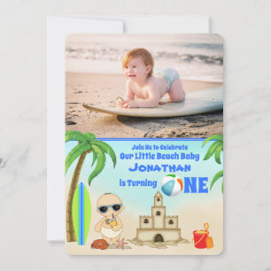 Invitation 2 Photo Cute Boy Beach Baby Surfboard 1er annivers