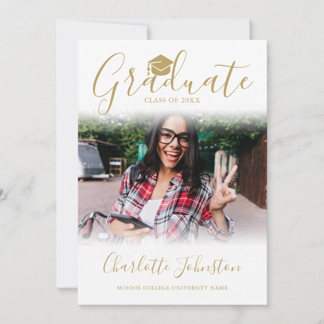 Invitation 2 Photo Elegant Gold Script Photo Graduation Party (Devant)