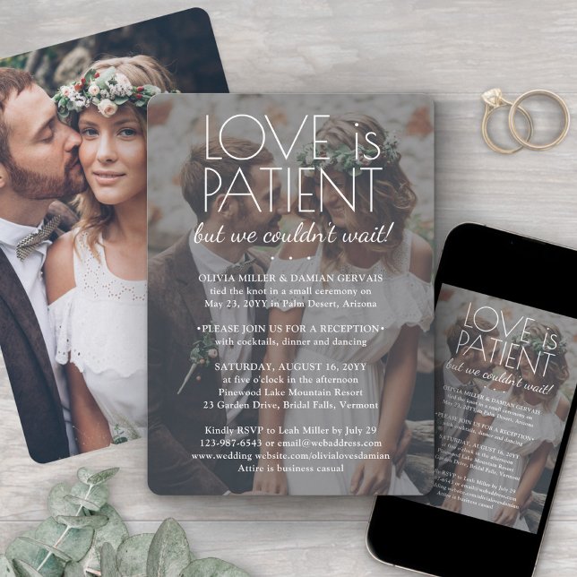 Invitation 2 Photo Love is Patient Wedding Reception White (Créateur téléchargé)
