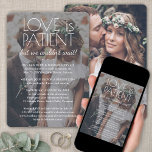Invitation 2 Photo Love is Patient Wedding Reception White<br><div class="desc">Invite family and friends to a simply elegant wedding reception with this stylish modern "love is patient but we couldn't wait" 2 photo text overlay invitation. All wording is simple to personalize for any reception only celebration, including a post elopement party, vow renewal ceremony, sequel wedding, 1st anniversary, cocktail hour...</div>