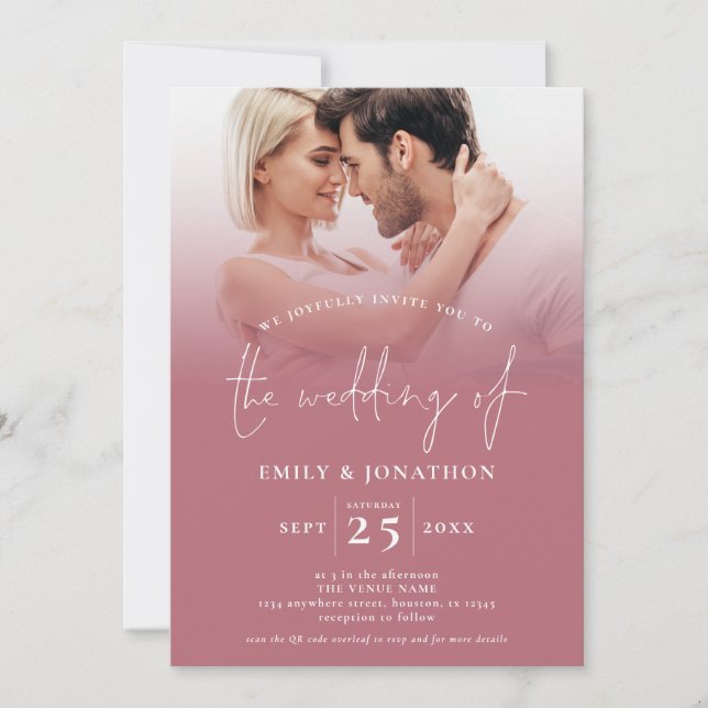 Invitation 2 Photo Overlay Script QR Code Rose Gold Mariage (Devant)