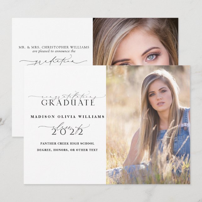 Invitation 2 Photo Parents Félicitations Simple Script Gradua (Devant / Derrière)