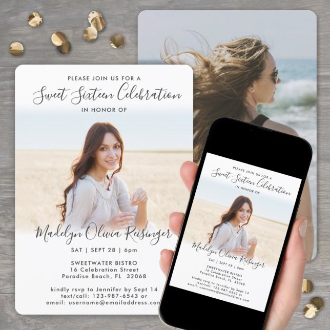 Invitation 2 Photo Sweet 16 Chic Moderne Élégant Script (Créateur téléchargé)