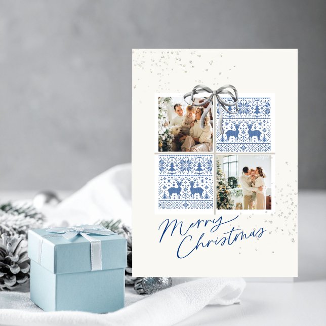 Invitation 2-Photo X-mas Present Card Nordic Knits Silver Bow (Christmas card with two photo frames and nordic blue knit pattern)