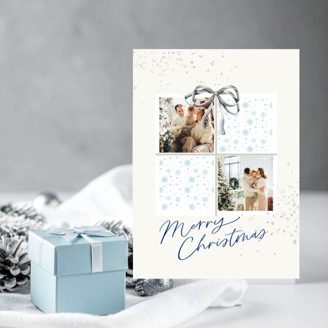 Invitation 2-Photo X-mas Present Card Soft Snow Silver Bow (Personalized Christmas card with two photo frames and festive holiday details)