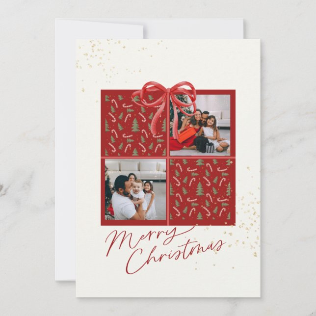 Invitation 2-Photo Xmas Present Card Candy Canes Firs Red Bow (Devant)