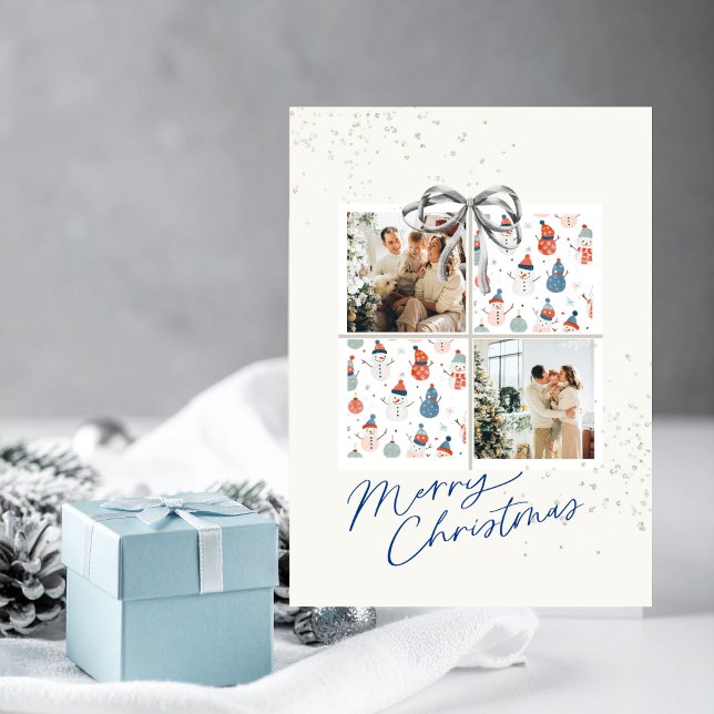 Invitation 2-Photo Xmas Present Card Happy Snowmen Silver Bow (Christmas card with two photo frames, a coquette silver bow and happy snowmen)