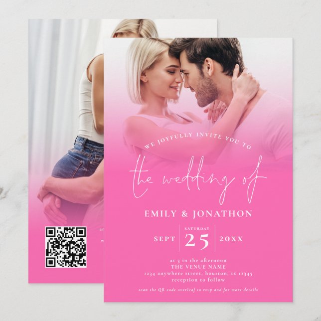 Invitation 2 Photos Overlay Script QR Code Mariage rose chaud (Devant / Derrière)