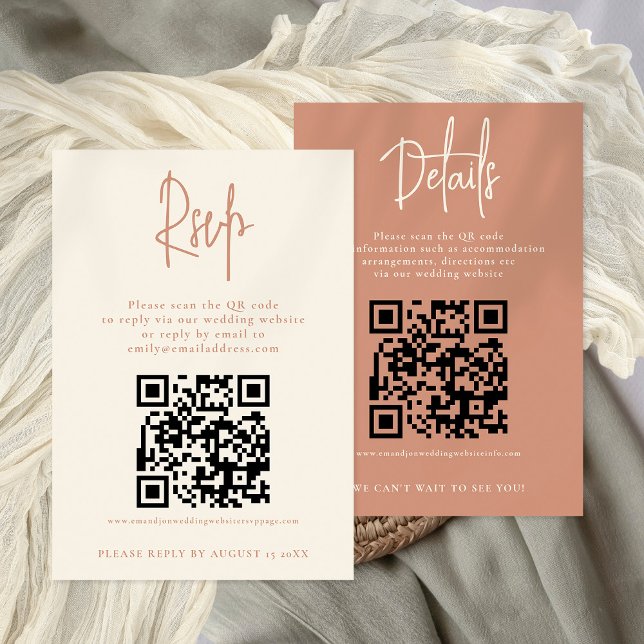 Invitation 2 QR Terracotta Cream Détails du Mariage RSVP (Front and back view. Combined  RSVP and Details. 2 QR codes. Available digitally or printed)