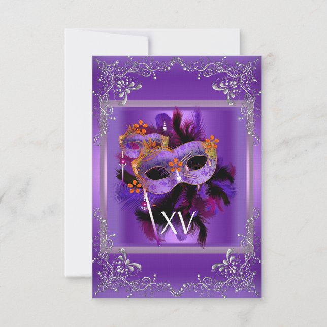 Invitation 2 Réception Quinceanera Masque de Mascarade Violet (Devant)