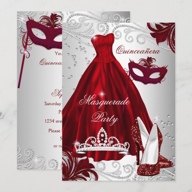Invitation 2 Robe argentée de Bourgogne masquerade Quinceaner (Devant / Derrière)