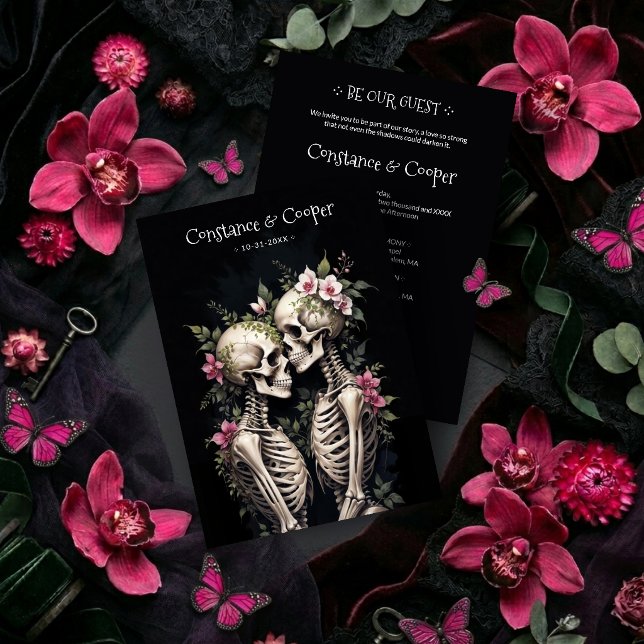 Invitation 2 Romantic Gothic Human Skeletons Embracing TLW26 (Two Romantic Gothic Skeletons Embracing with Elegant Floral Arrangements Dark Romance Wedding Invite)