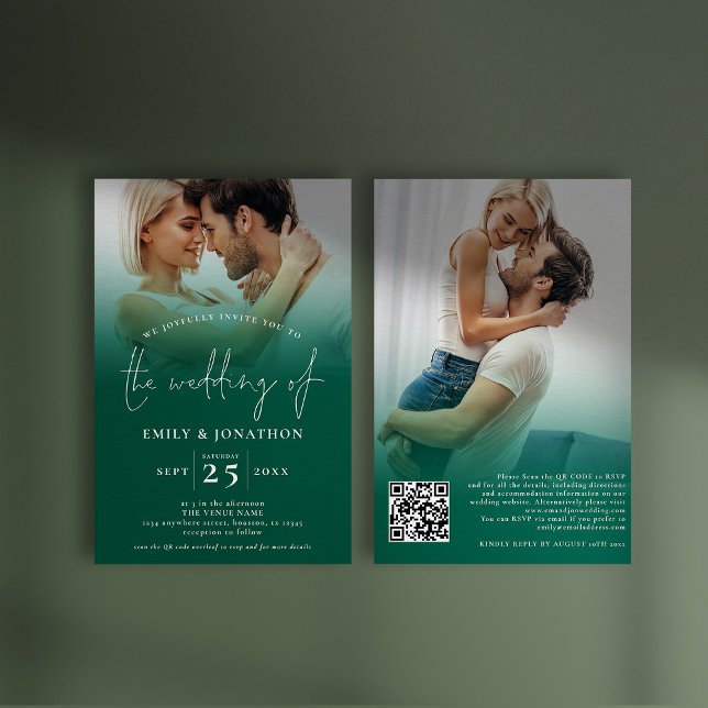 Invitation 2 script de superposition de photo QR Emerald Gree (Front and back view. Available digitally and printed)