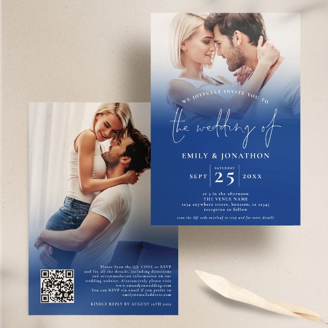 Invitation 2 superposition de photo Script QR Mariage bleu (Front and back view. Available digitally and printed.)