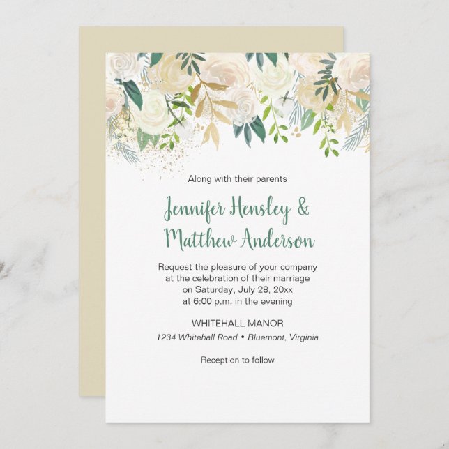 Invitation #2Cream White Roses Gold Parties scintillant Green (Devant / Derrière)