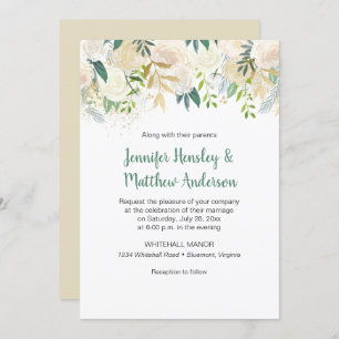 Invitation #2Cream White Roses Gold Parties scintillant Green