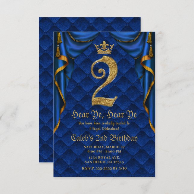 Invitation 2E 2 Deux fête d'anniversaire Royal Blue Gold Crow (Devant / Derrière)