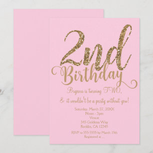 Invitation 2e anniversaire 2 Pink & Gold Party DEUX invitatio
