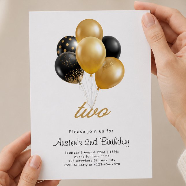 Invitation 2e anniversaire Black and Gold avec ballons (Black and Gold 2nd Birthday with Balloons Invitation, Kids Party Invitations, Toddler Birthday)