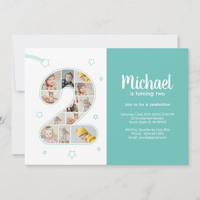 Invitation 2e anniversaire Boy Numéro 2 Photo Collage personn (Devant)