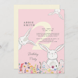 Invitation 2e anniversaire Bunnies & Fleurs sauvages rose et
