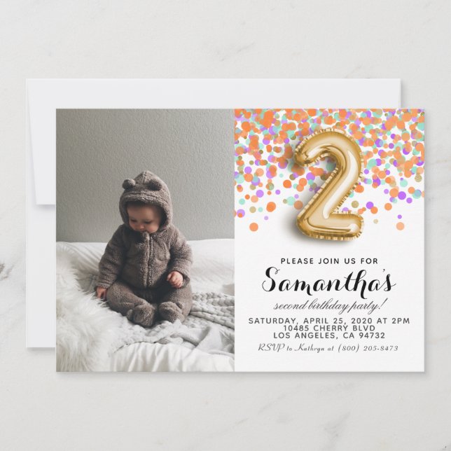 Invitation 2e anniversaire Confetti Portrait (Devant)