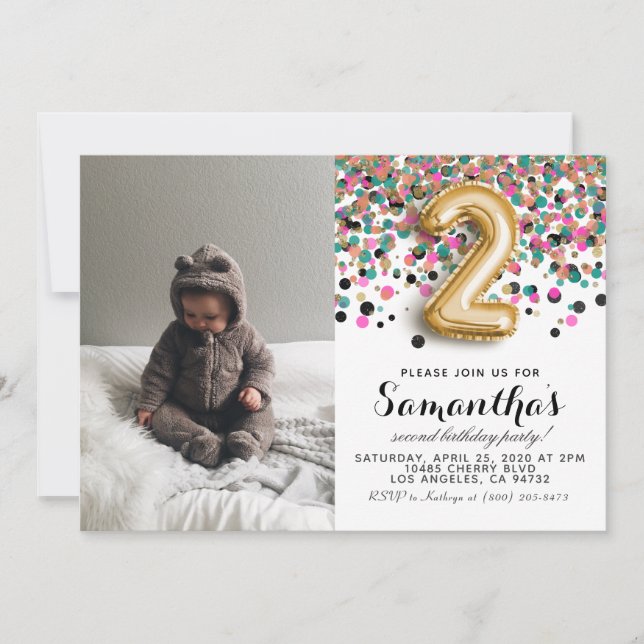 Invitation 2e anniversaire Confetti Portrait (Devant)