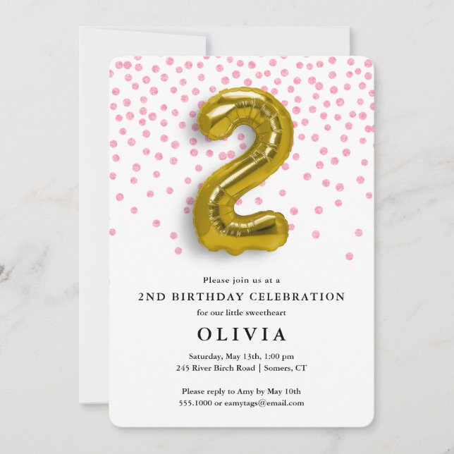 Invitation 2e anniversaire Confetti rose et ballon d'or (Devant)