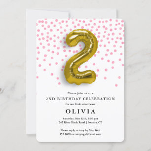 Invitation 2e anniversaire Confetti rose et ballon d'or