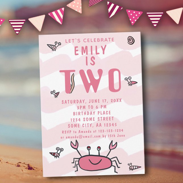 Invitation 2e anniversaire Crabe rose Animaux marins Fille  (Créateur téléchargé)
