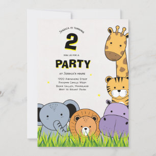 Invitation 2e anniversaire de fête Safari Animaux mignons Car