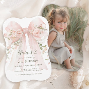 Invitation 2e anniversaire de fille Rose florale et photo
