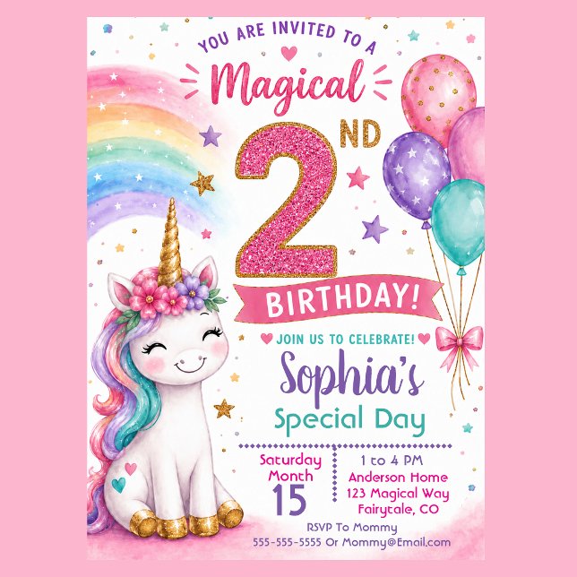 Invitation 2e anniversaire de la fille licorne magique (Cute magical unicorn 2nd birthday invitation with pastel rainbow balloons and glitter pink number )