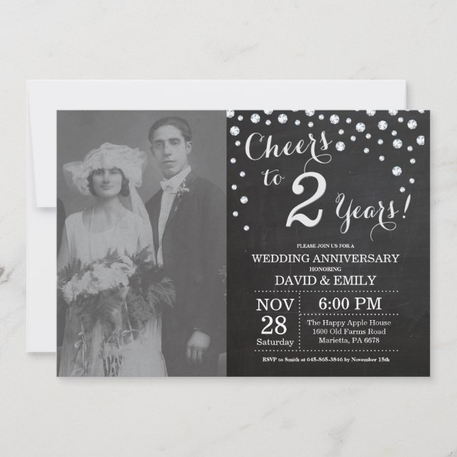 Invitation 2e anniversaire de mariage tableau noir argent (Devant)