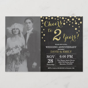 Invitation 2e anniversaire de mariage tableau noir et or