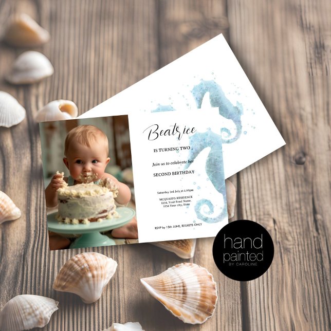 Invitation 2e anniversaire Dusty Blue Seahorse Photo (2nd Birthday Invitation Watercolor Seahorse)