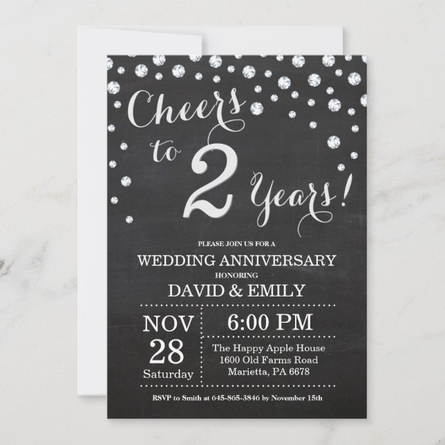 Invitation 2e anniversaire Mariage Chalkboard Black Silver (Devant)