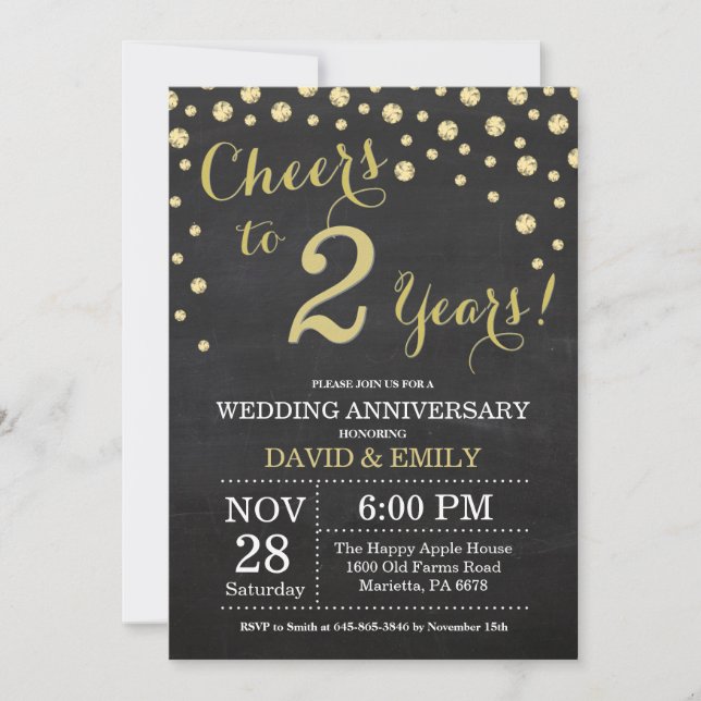 Invitation 2e anniversaire Mariage Chalkboard noir et or (Devant)