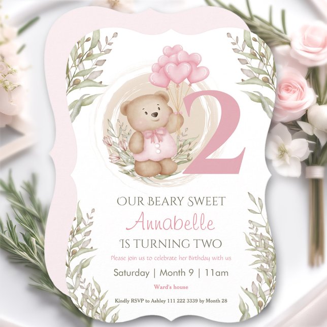 Invitation 2e anniversaire Ourson Mignon Ballons en forme de  (2nd Birthday Cute Teddy Bear Heart Balloons Pink Invitation)