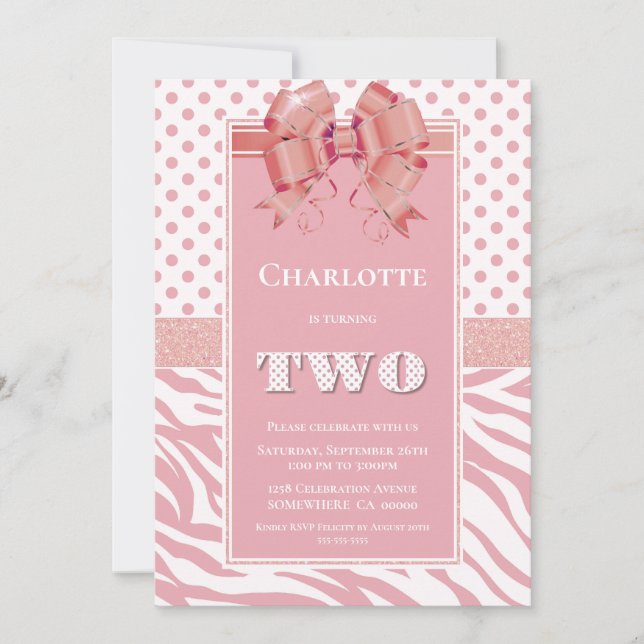 Invitation 2e anniversaire Pink Polka Dot et Zebra Stripe Par (Devant)
