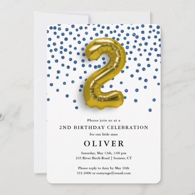 Invitation 2e anniversaire Royal Blue Confetti et Gold Balloo (Devant)