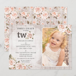 Invitation 2e anniversaire Rustic Wood Shabby Chic Roses Phot